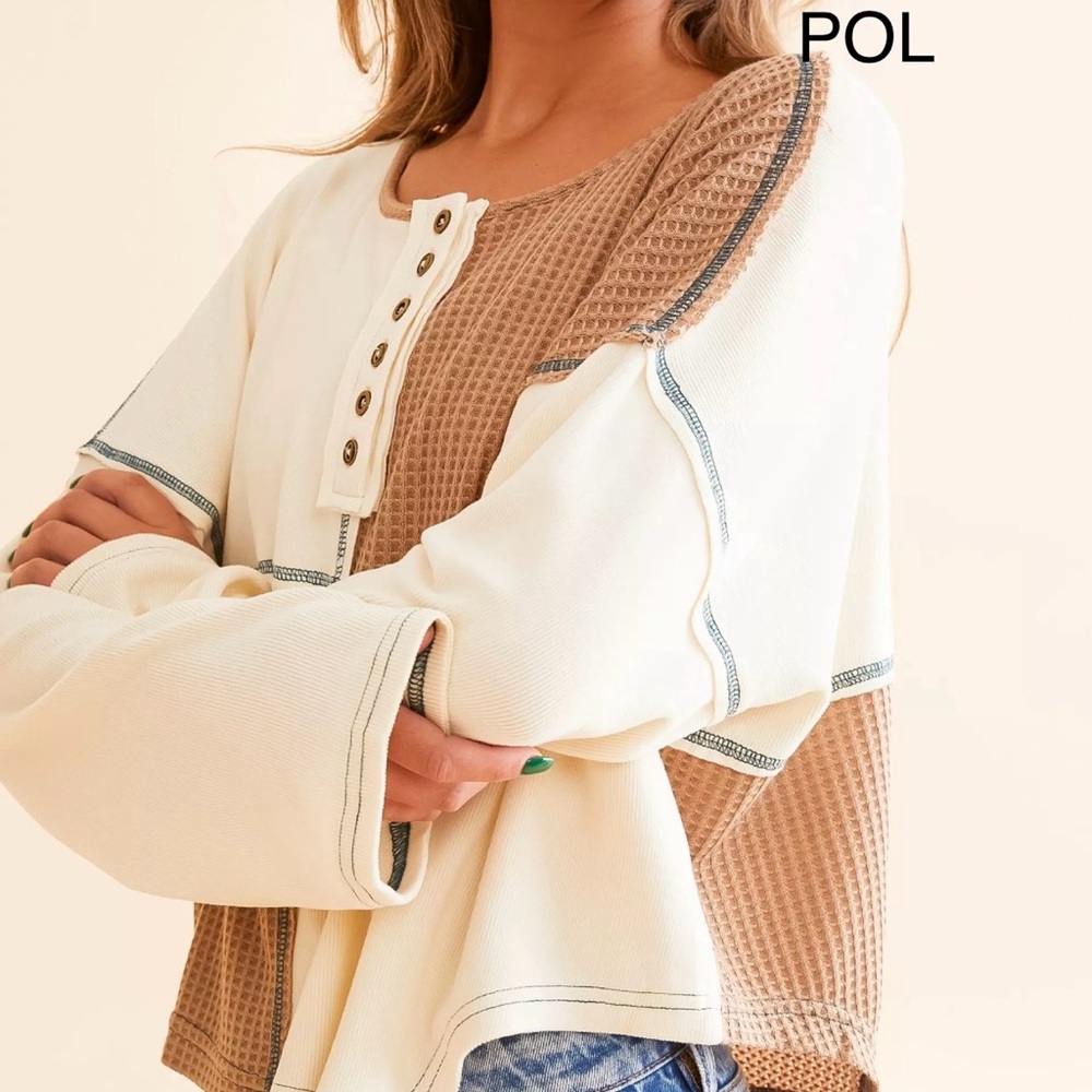 BP30🤎🤍NEW! POL playtime in cutest tan+cream spliced color block top!gr8 day2date - Picture 4 of 9
